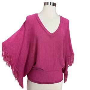 Tally Ho Womens Hot Pink V-Neck Poncho Top Dolman Sleeve Fringe One Size
